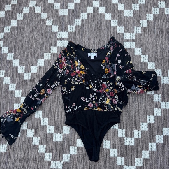 Band of Gypsies Tops - Band of Gypsies Black and Yellow Floral Bodysuit